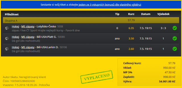 Nejlepší tikety nejen z MS: výhra 55 tisíc za 2 střelce