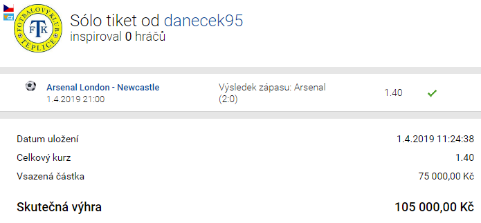 Analýza tiketu z 1. apríla: Arsenal porazil Newcastle, sázkař vyhrál 105.000,- Kč!