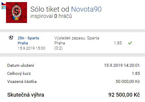 Analýza tiketu: Sparta vyhrála ve Zlíně a sázkař díky tomu kasíroval 92 tisíc!