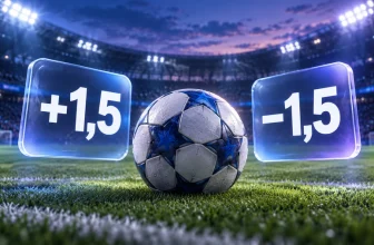 Fotbalový míč na stadionu a značky handicapu +1,5 a −1,5.