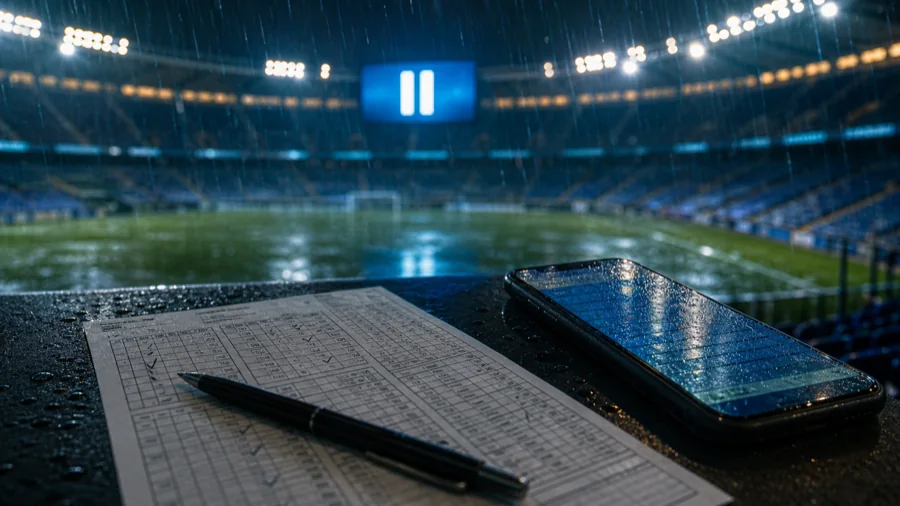 Odložený fotbalový zápas a sázkový tiket v dešti