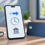 Telefon se symboly čekajícího převodu a banky vedle platební karty a hodin