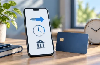Telefon se symboly čekajícího převodu a banky vedle platební karty a hodin
