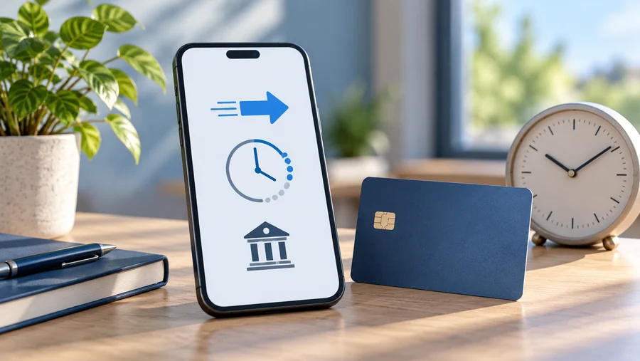 Telefon se symboly čekajícího převodu a banky vedle platební karty a hodin