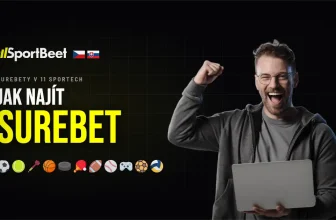 Grafika SportBeetu s nápisem Jak najít surebet, logy kanceláří a mužem se zdviženou pěstí