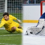 Fotbalový a hokejový brankář při zákroku proti střele na branku