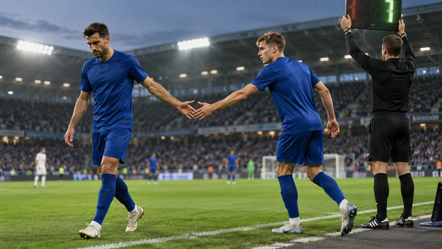 Dva fotbalisté ve stejných modrých dresech při střídání u postranní čáry